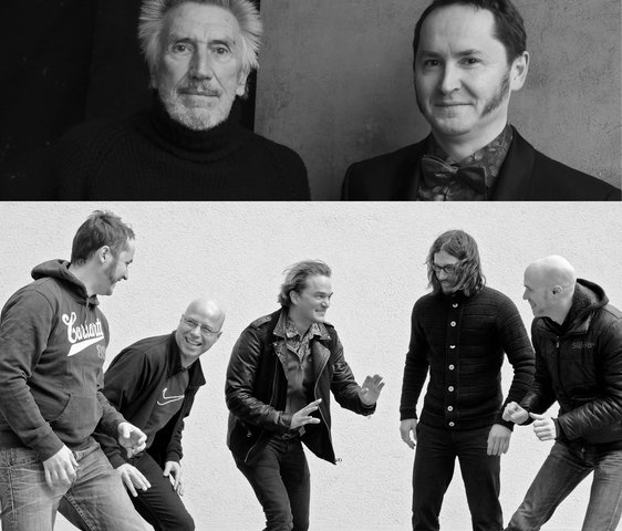 In der oberen Hälfte schauen die beiden Künstler in die Kamera. In der unteren ist das Quinetett zusehen, wie es gemeinsam lacht.