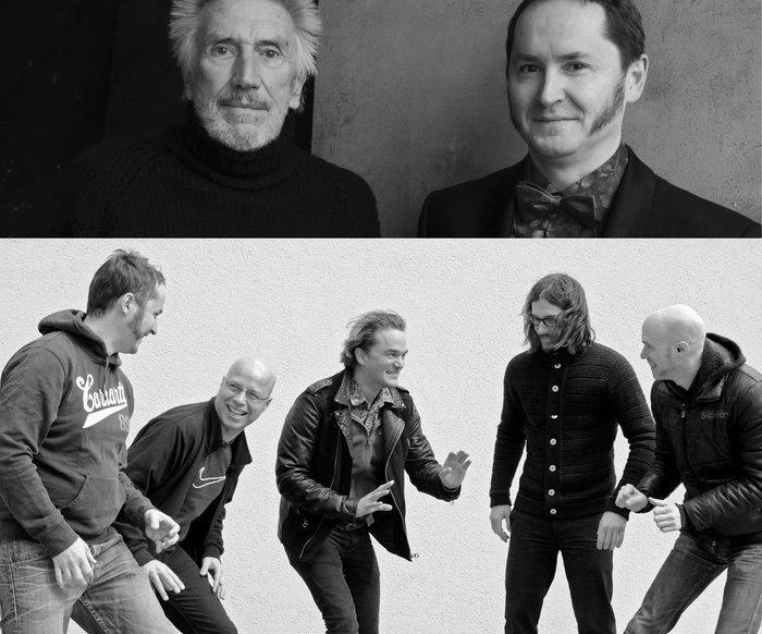 In der oberen Hälfte schauen die beiden Künstler in die Kamera. In der unteren ist das Quinetett zusehen, wie es gemeinsam lacht.