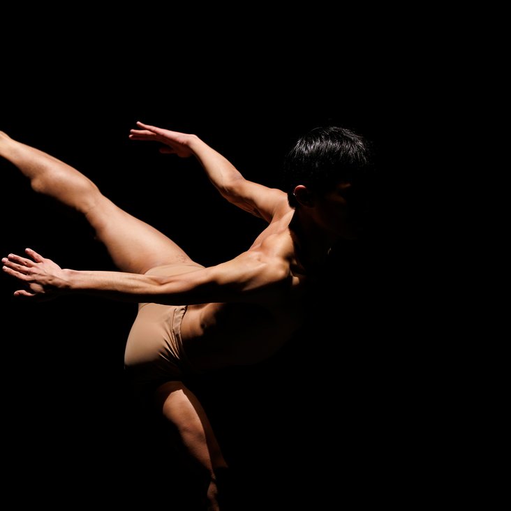 Tänzer in Kostüm auf der Bühne, der Boden ist schwarz und die Bühne ist professionell ausgeleuchtet.