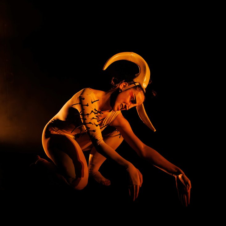 Tänzerin in Kostüm auf der Bühne, der Boden ist schwarz und die Bühne ist professionell ausgeleuchtet.