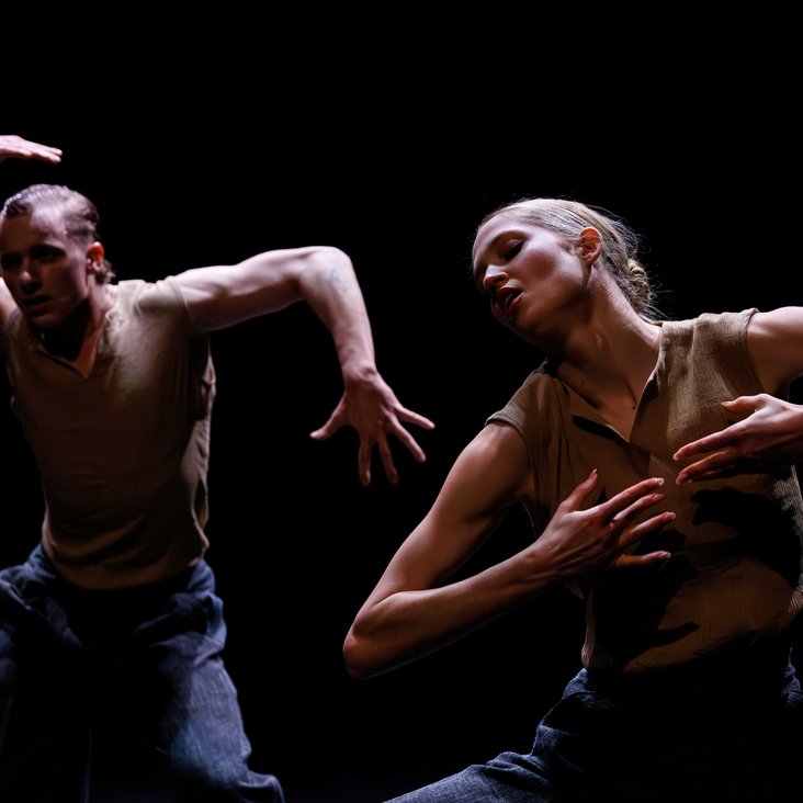 Tänzer:innen in Kostüm auf der Bühne, der Boden ist schwarz und die Bühne ist professionell ausgeleuchtet.