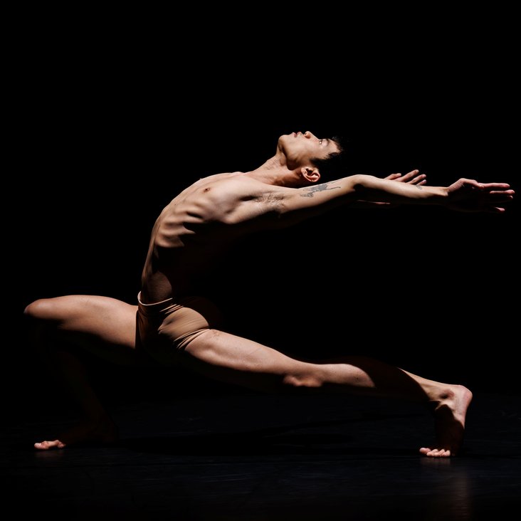 Tänzer in Kostüm auf der Bühne, der Boden ist schwarz und die Bühne ist professionell ausgeleuchtet.