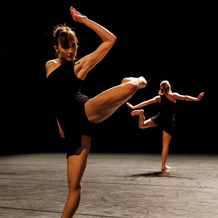 Tänzer:innen in Kostüm auf der Bühne, die Bühne ist professionell ausgeleuchtet.