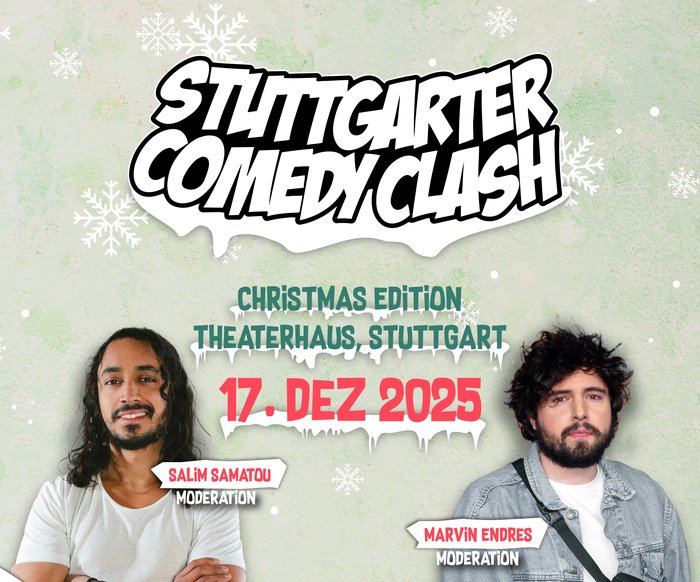 Die beiden Moderatoren von Comedy Clash sind vor einem weihnachtlichen Hintergrund zu sehen. Informationen zum Veranstaltungsdatum, -titel und die Namen der beiden sind zu lesen.
