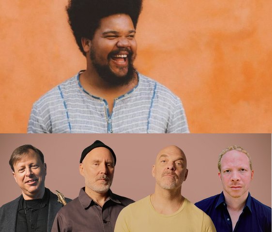 In der oberen Hälfte ist Amaro Freitas zu sehen. In der unteren Hälfte ist "The Bad Plus" zu sehen.