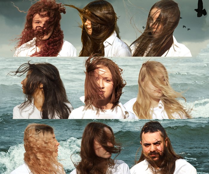 In drei Reihen sind jeweils drei Profile von den Mitwirkenden zu sehen. Alle haben offene Haare, welche ihnen in den unterschiedlichsten Varianten ins Gesicht geweht werden. Im Hintergrund ist eine stürmische See.