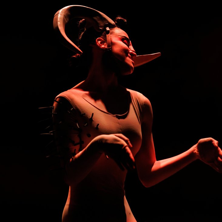 Tänzerin in Kostüm auf der Bühne, der Boden ist schwarz und die Bühne ist professionell ausgeleuchtet.