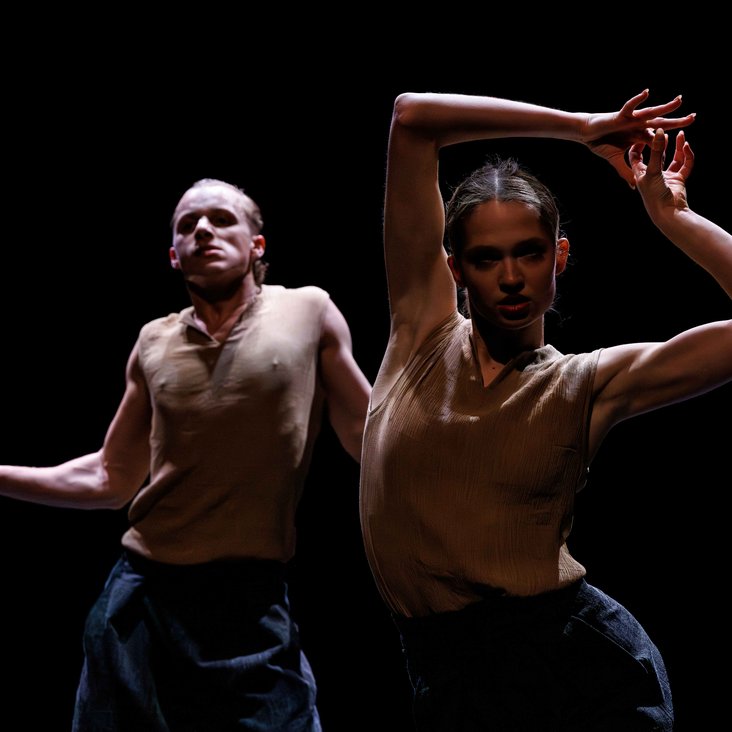 Tänzer:innen in Kostüm auf der Bühne, der Boden ist schwarz und die Bühne ist professionell ausgeleuchtet.