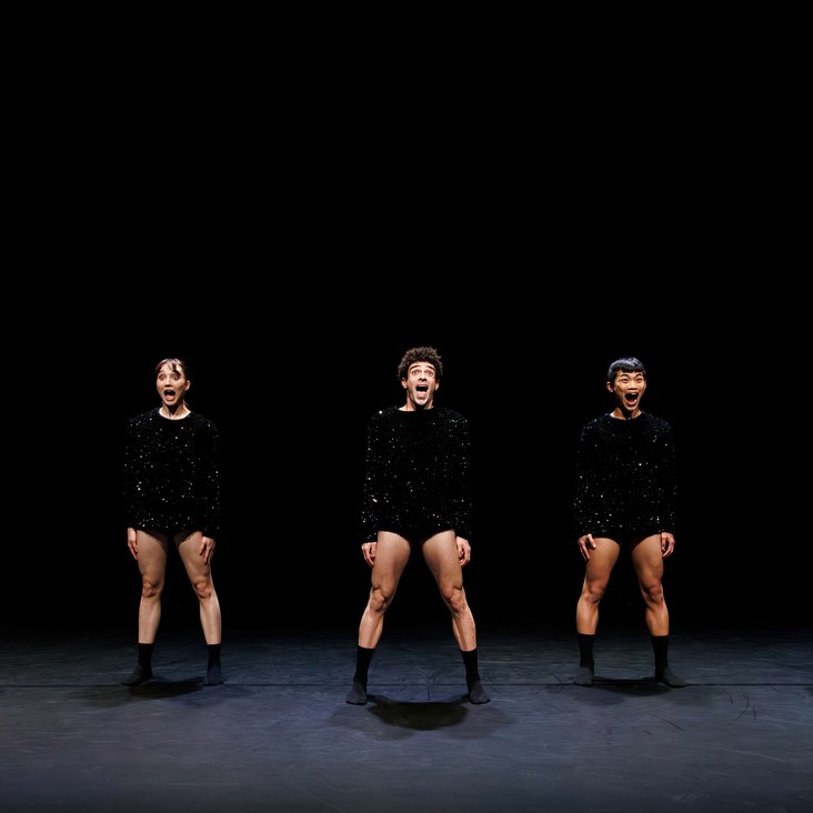 Tänzer:innen in Kostüm auf der Bühne, der Boden ist schwarz und die Bühne ist professionell ausgeleuchtet.