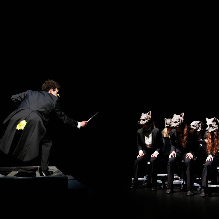 Tänzer:innen in Kostüm auf der Bühne, der Boden ist schwarz und die Bühne ist professionell ausgeleuchtet.